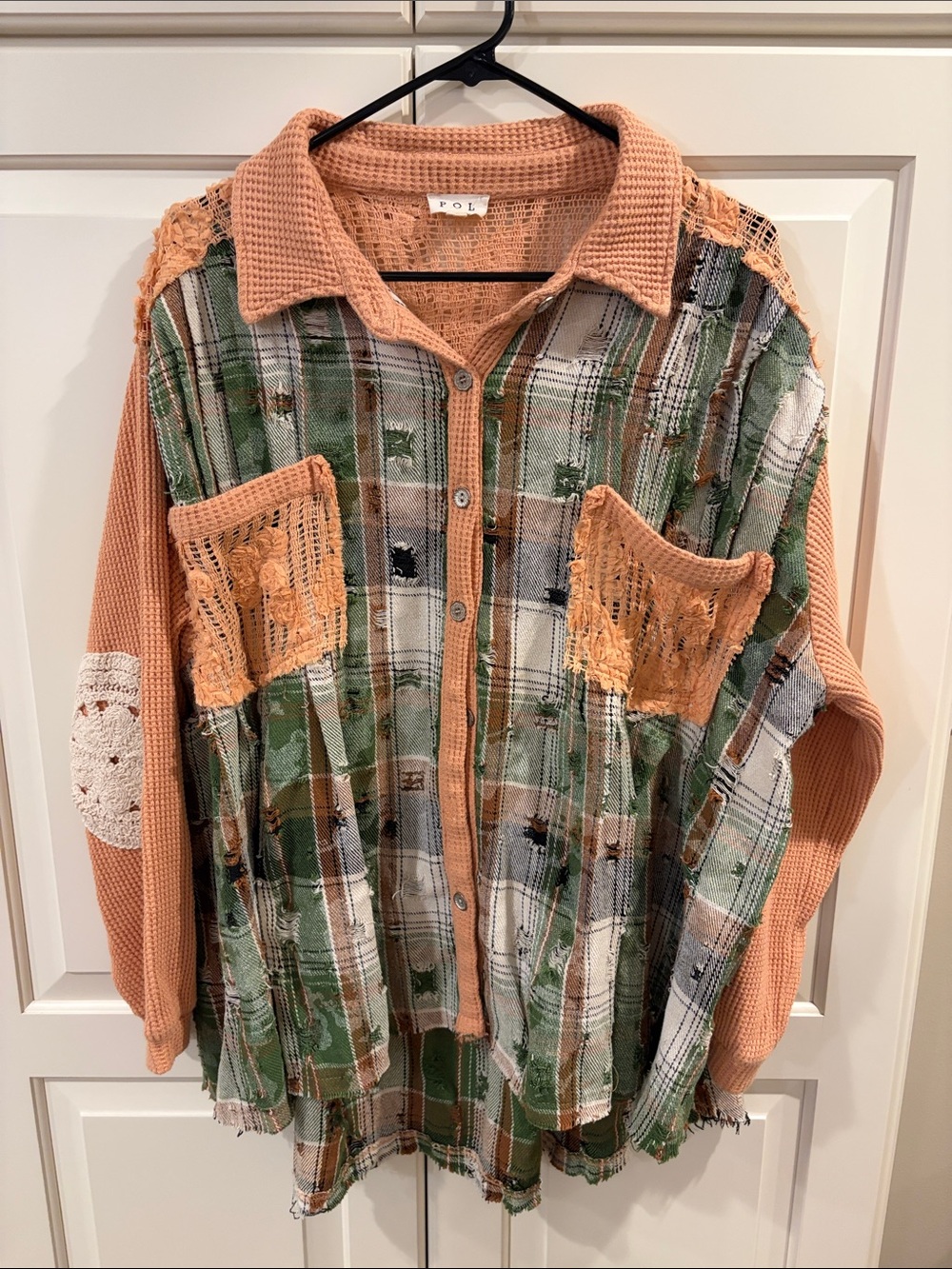 POL Women's Peach Knit & Green Plaid Button-Down Shirt